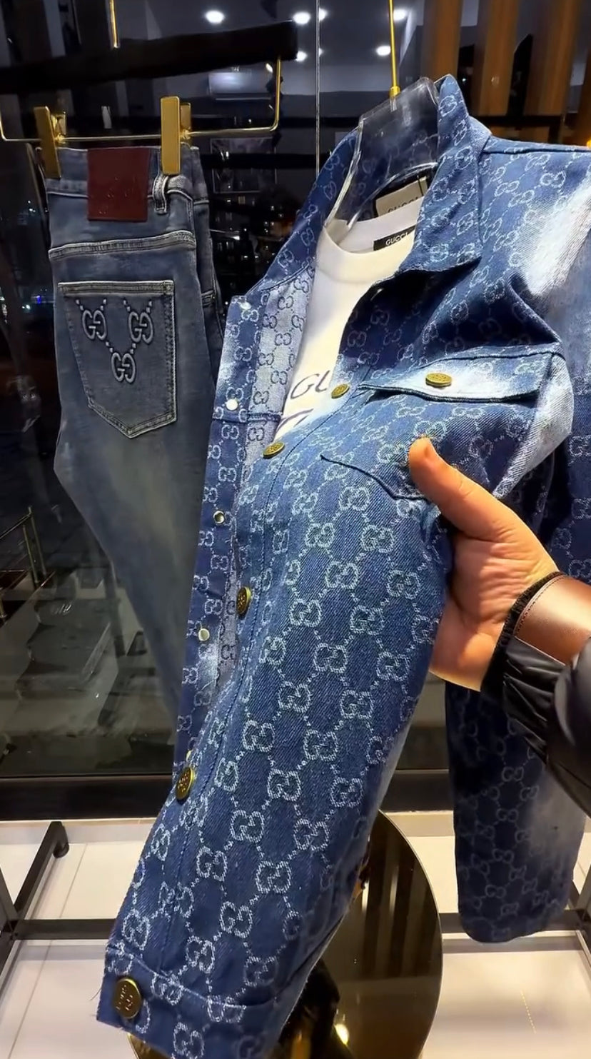 CUG GUC Blue Faded Colour With GG Print Full Sleeve Shacket Shirt 989551