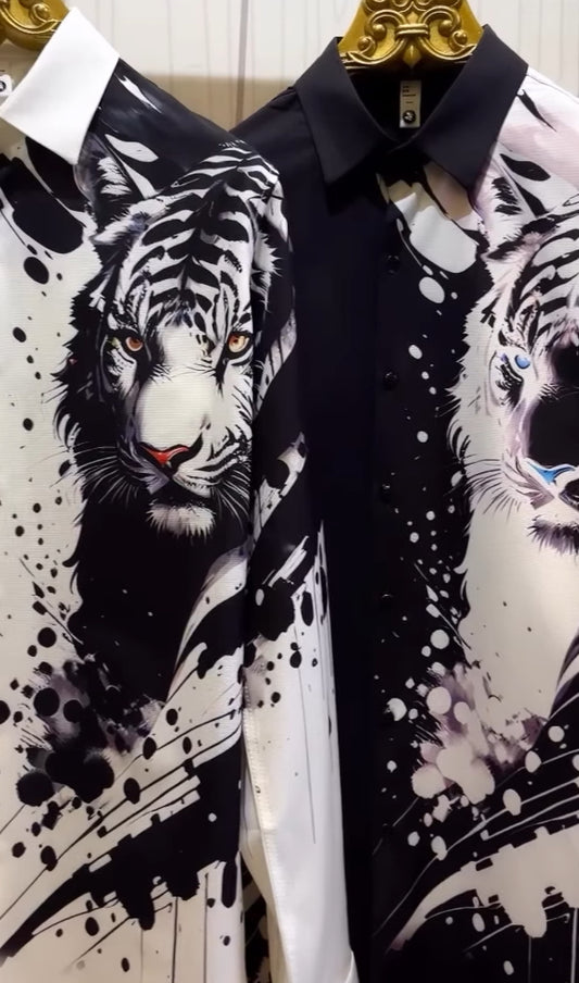 QIANLICHEN Black Colour White Tiger Print Full Sleeve Imported Shirt 8821