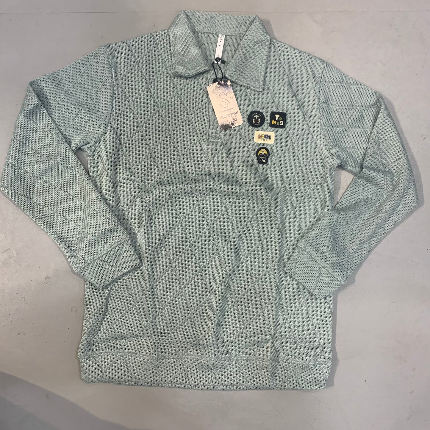 SELECTION Sea Green Colour Crochet Style Full Sleeve Collar T Shirt 654985
