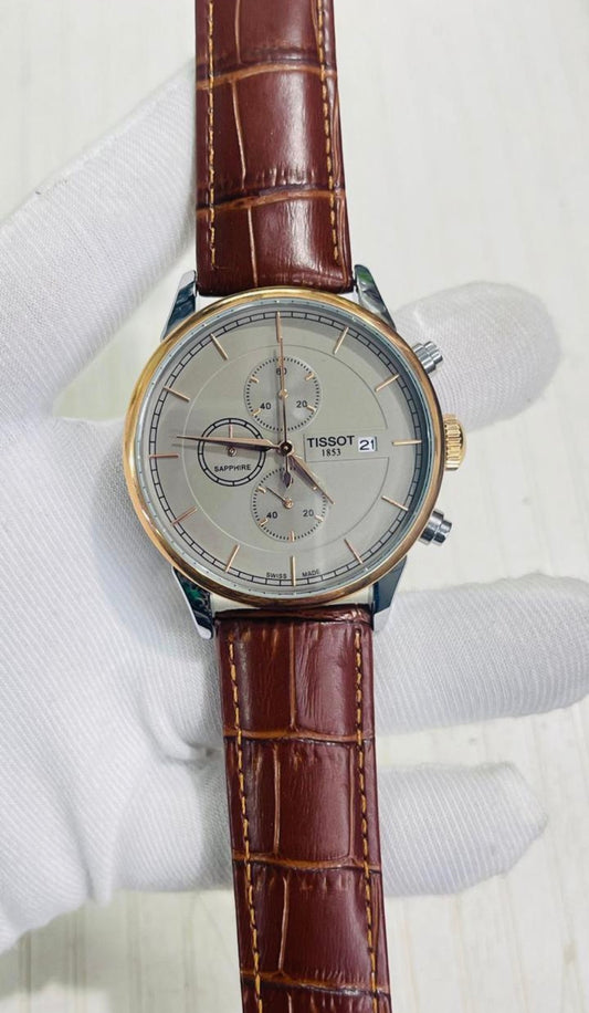 Sit Brown Strap Grey Dial Copper Ring Chronograph Working Men Watch 989978