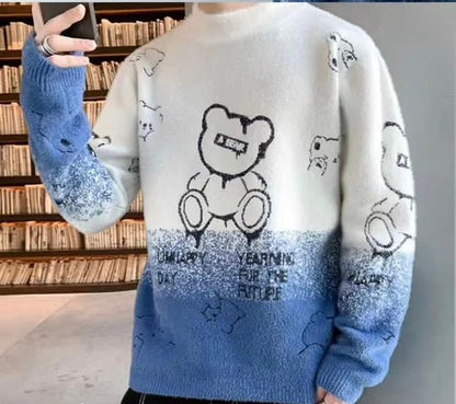 Attila King White Blue Colour Bear Print Winter Men's Sweater Korean Fashion Unisex Sweater 19336