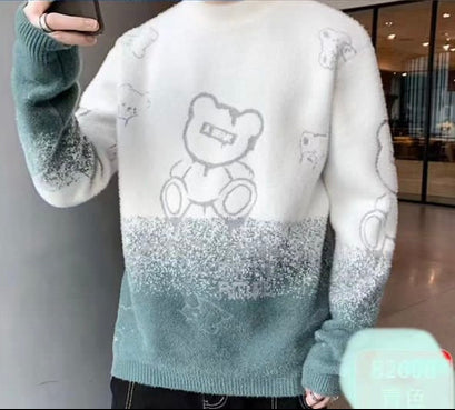 Attila King White Green Colour Bear Print Winter Men's Sweater Korean Fashion Unisex Sweater 19335