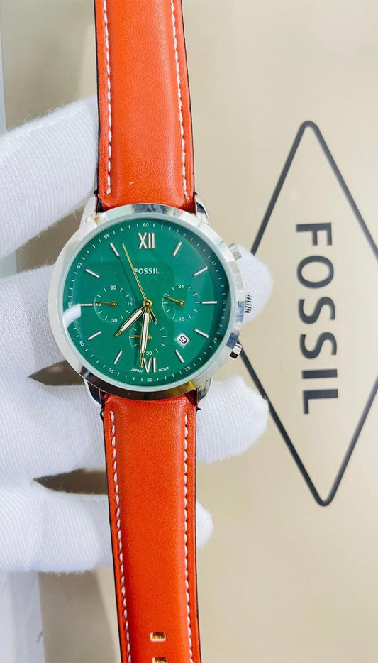 Sof Tan Strap Silver Ring Green Dial Chrono Working Watch For Men 990095