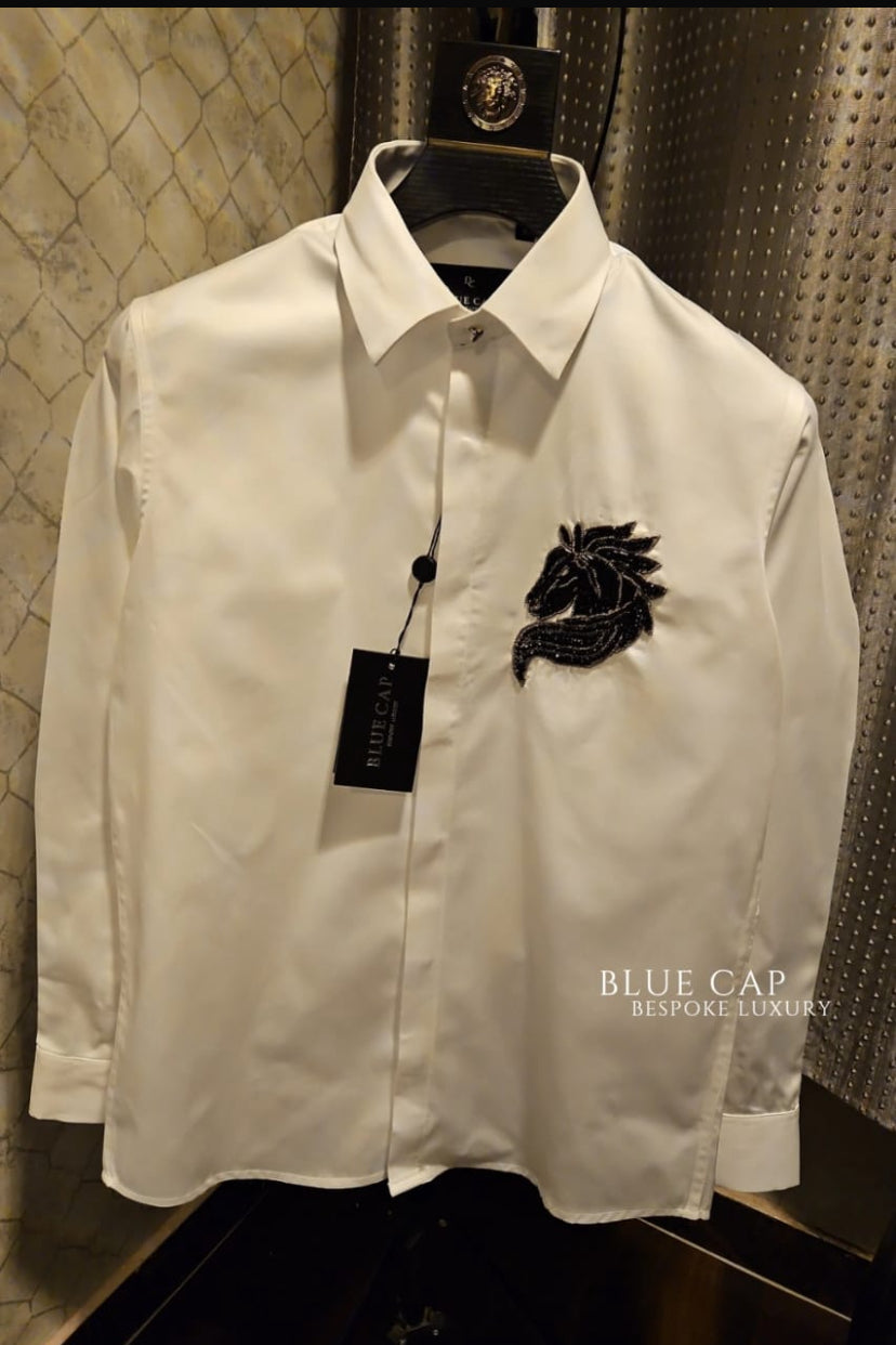 Blue Cap White Colour Horse Stone Handwork Premium Quality Shirt H1006