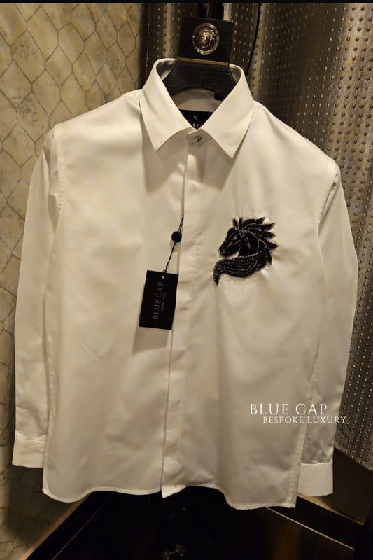 Blue Cap White Colour Horse Stone Handwork Premium Quality Shirt H1006