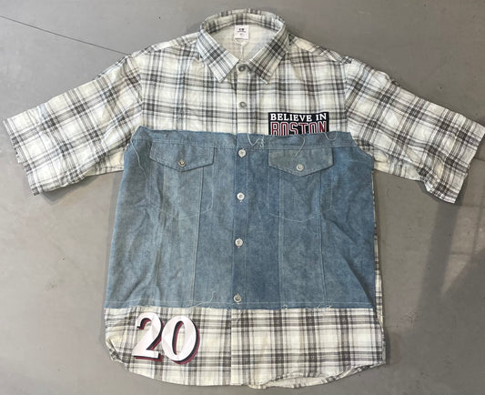 VOGUE DESIGN CENLES Cream Brown Check With Denim Half Sleeve Drop Shoulder Imported Men’s Shirt 2721