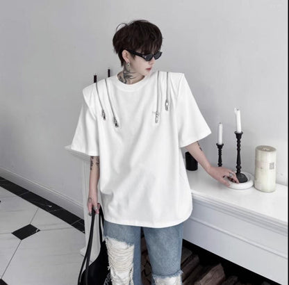 M-87 Studio White Colour With Chain in the Shoulder Premium Quality Drop Shoulder Tshirt 63667