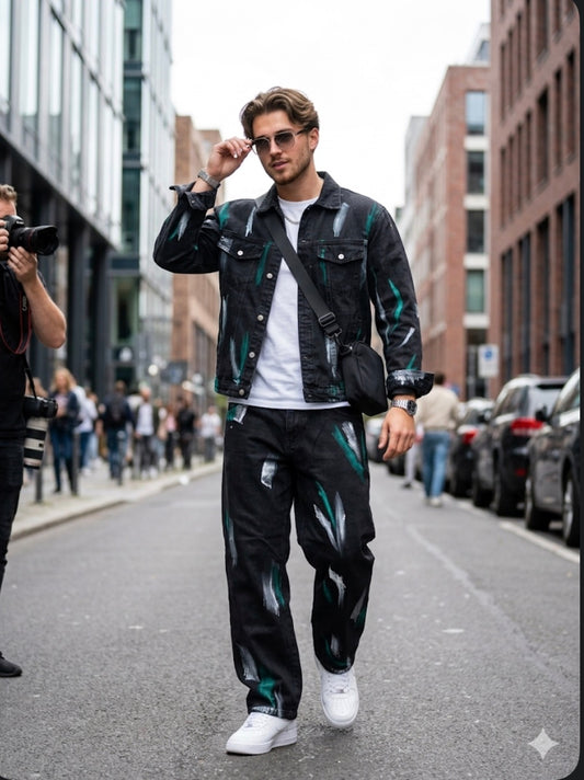 SHOW HONOR Denim Charcoal Grey Colour With White Green Painted Work Shirt And Jeans Imported Unisex Coord Set K21