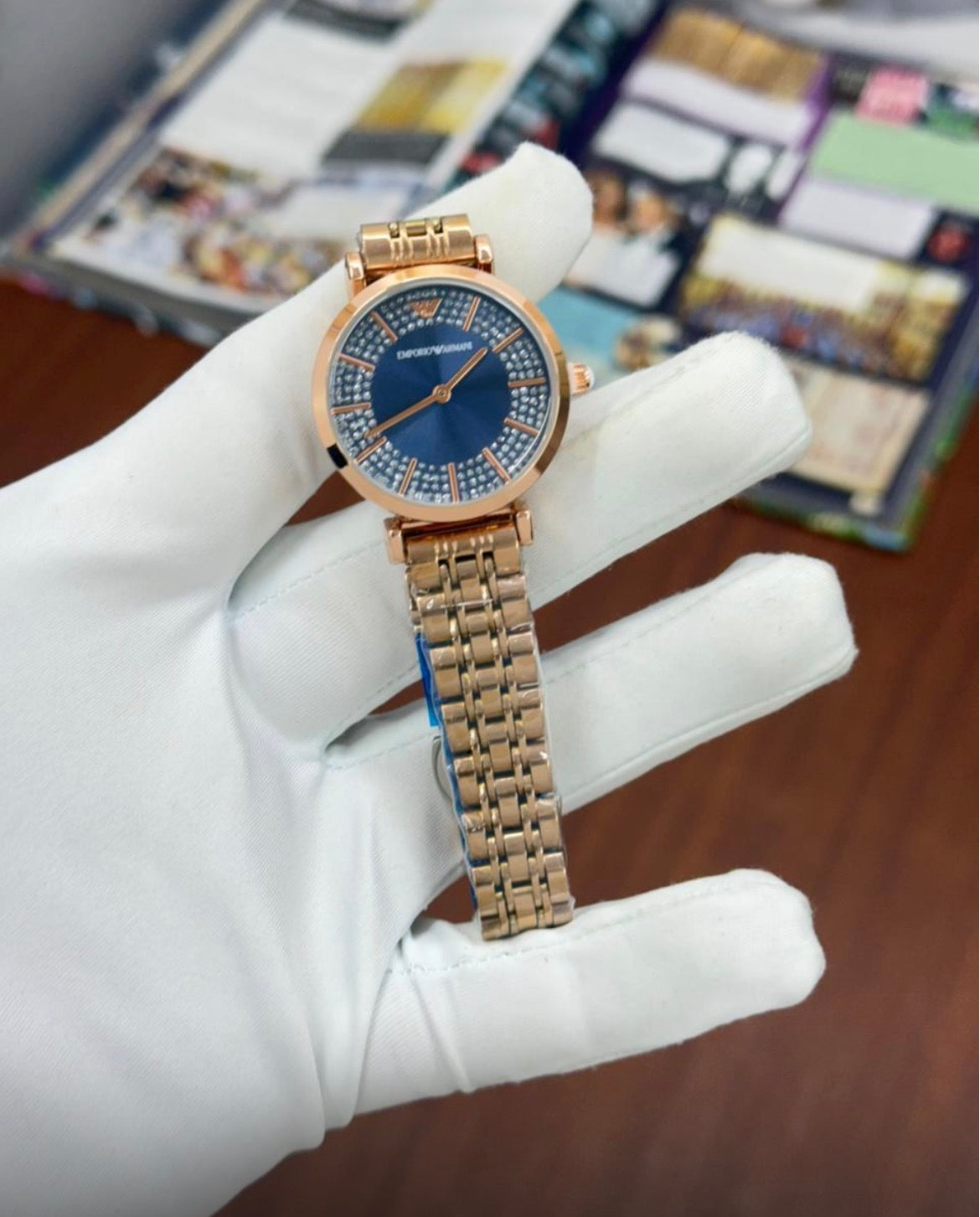 Mra Silver Copper Chain Copper Ring Diamond Stud Blue Dial Ladies Watch 990205