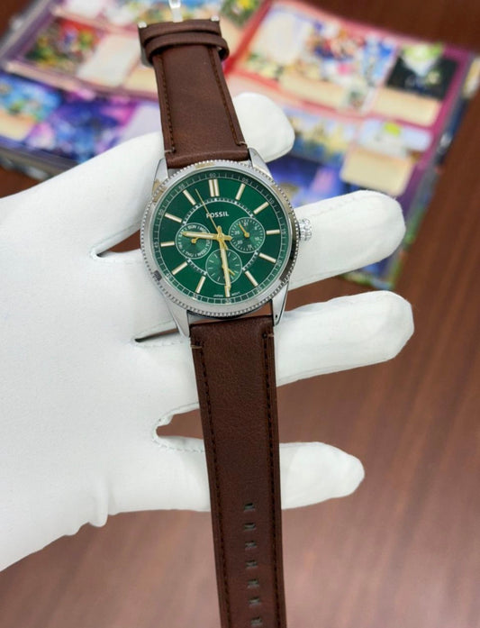Sof Brown Leather Strap Silver Ring Green Golden Dial Men’s Watch 990339