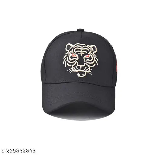NEK KEN Black Suede Leather Tiger Embroidered Unisex Cap 989030