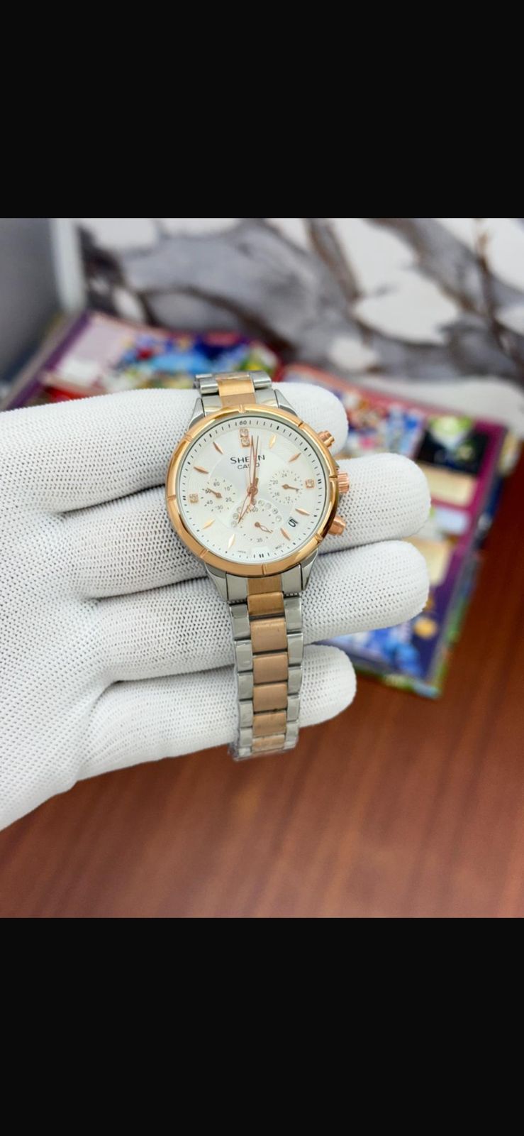 Sac Double Tone Chain with white dial premium ladies watch 990569