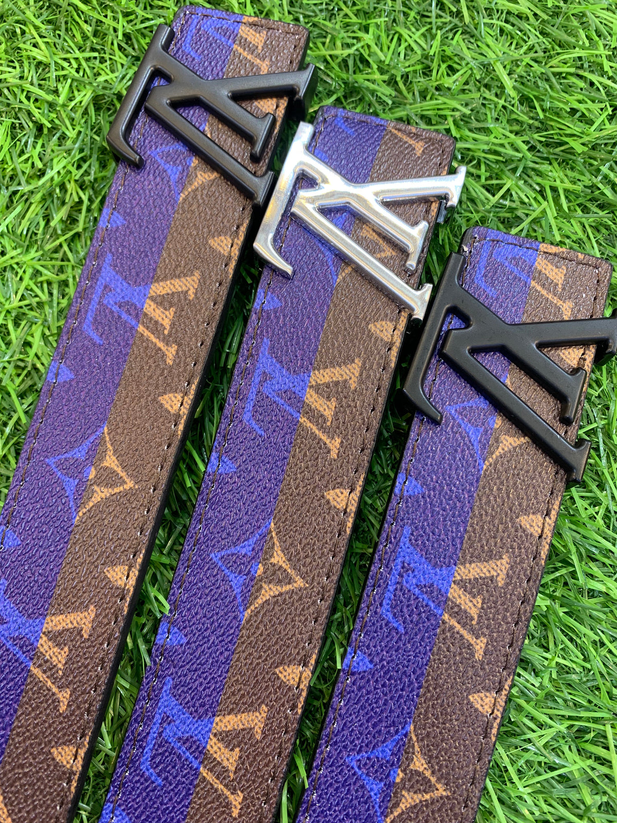 Vl UOL Brown Blue Colour Monogram Print Premium Quality Metal Buckle Men’s Belt 112312