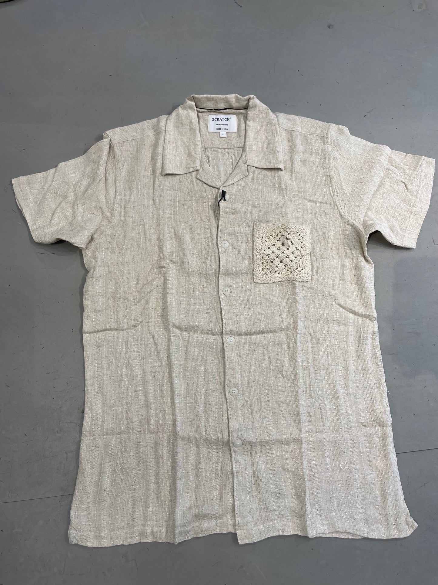 Scratch Beige Colour Linen Shirt With Fower  Crochet Design Half Sleeve Shirt S2893H/S