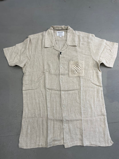 Scratch Beige Colour Linen Shirt With Fower  Crochet Design Half Sleeve Shirt S2893H/S