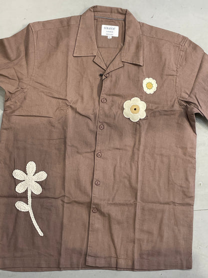 Scratch Brown Colour Linen Shirt With White Flower Print Half Sleeve Shirt S3079H/S