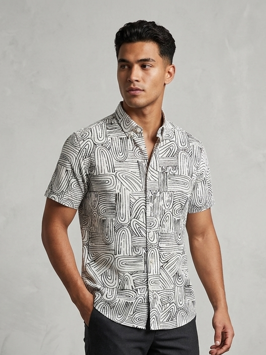 Scratch Cream Colour Shirt With Black Line Prints Half Sleeve Shirt S2904H/S