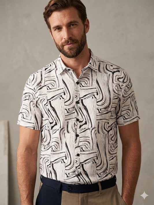 Scratch White Colour Shirt With Black Light Brown Lines Prints Half Sleeve Shirt S2949H/S