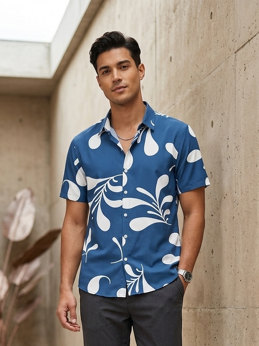 Scratch Blue Colour White Leaves Print Half Sleeve Shirt S2887H/S