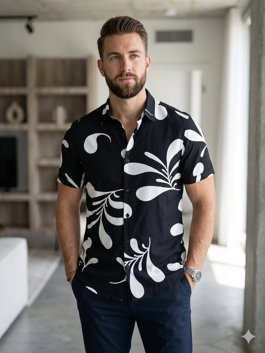 Scratch Black Colour White Leaves Print Half Sleeve Shirt S2887H/S