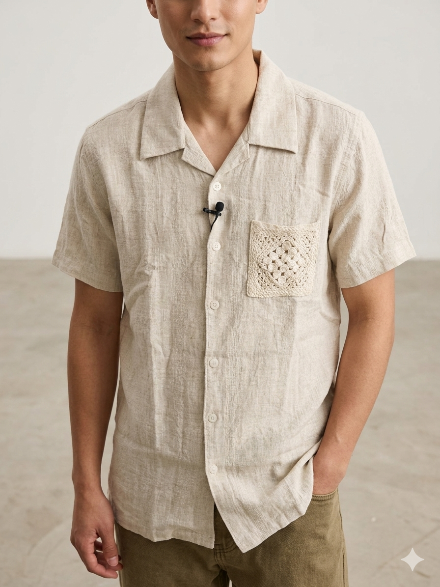 Scratch Beige Colour Linen Shirt With Fower  Crochet Design Half Sleeve Shirt S2893H/S
