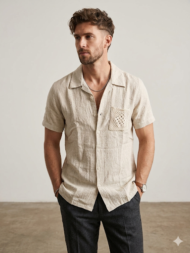 Scratch Beige Colour Linen Shirt With Fower  Crochet Design Half Sleeve Shirt S2893H/S