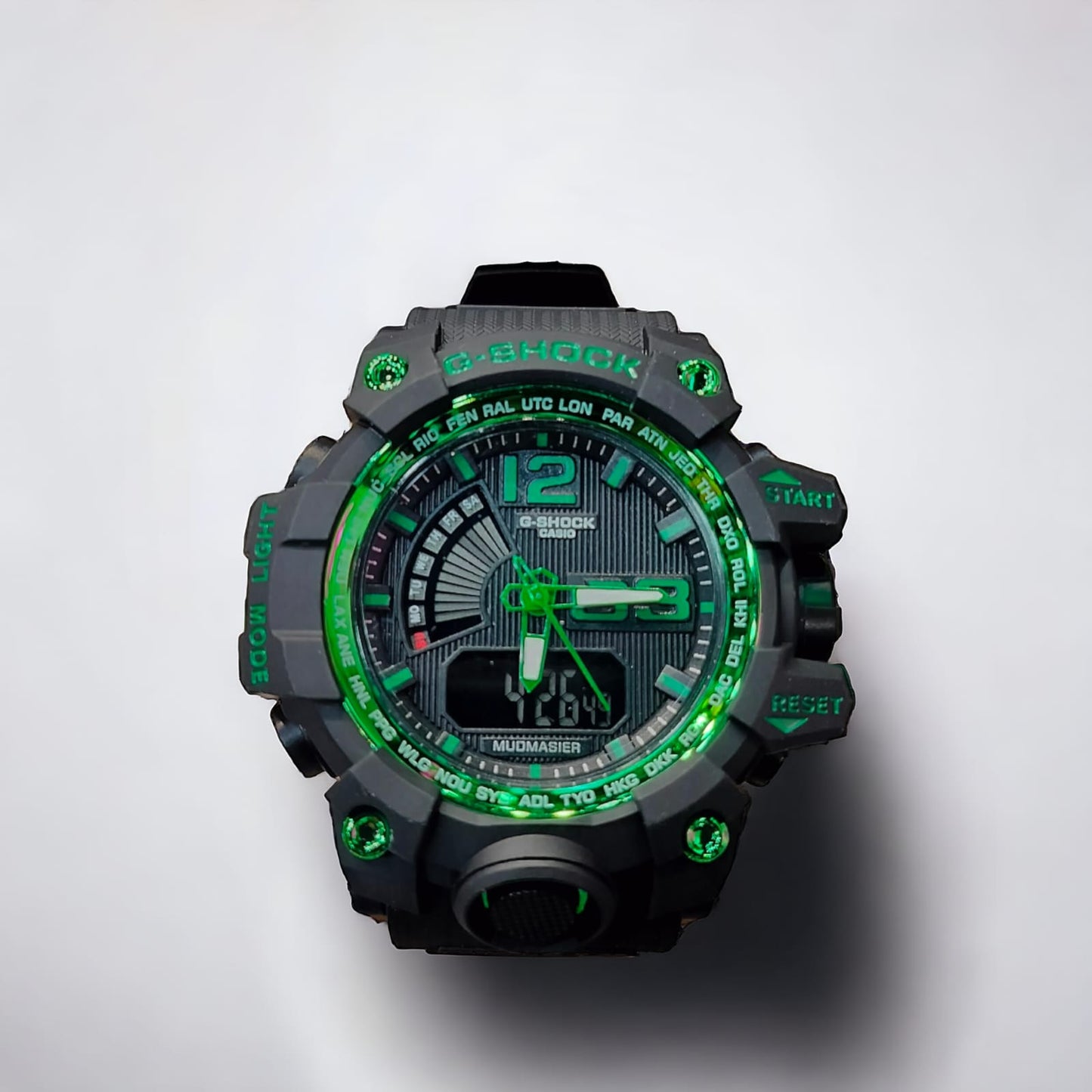 Oshg  Black Strap Green Dail Water Resistance Sports Watch 402117