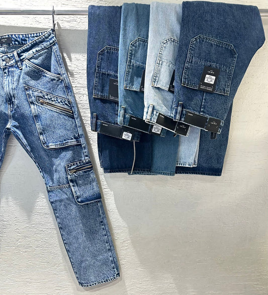 IMA AMI Ice Blue Colour with Multiple Zip Pockets Jeans Cargo Style Straight Fit Jeans 395