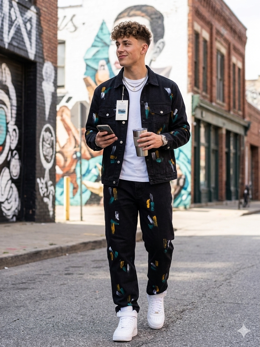 SHOW HONOR Denim Charcoal Grey With Painted Work Shirt And Jeans Imported Unisex Coord Set K18