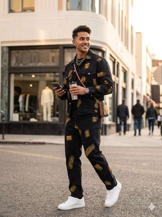 SHOW HONOR Denim Black Colour With Yellow Painted Work Shirt And Jeans Imported Unisex Coord Set K17