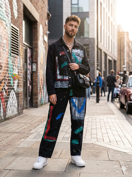 SHOW HONOR Denim Charcoal Grey Colour With Painted Work Shirt And Jeans Imported Unisex Coord Set K37