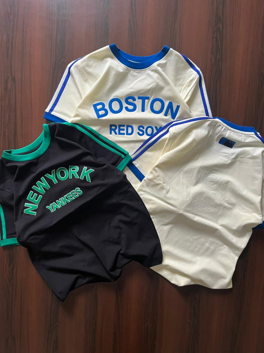 Adi Ida Boston Red Sox Cream Blue Colour Half Sleeve  Round Neck Premium Quality TShirt 988796