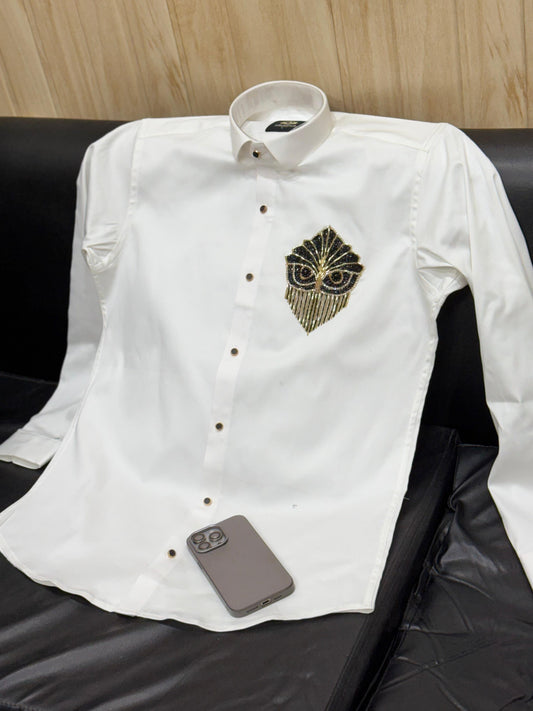AQUARIUS  White Colour Owl Black Gold Stud Design Premium Quality Full sleeve Shirt 2510