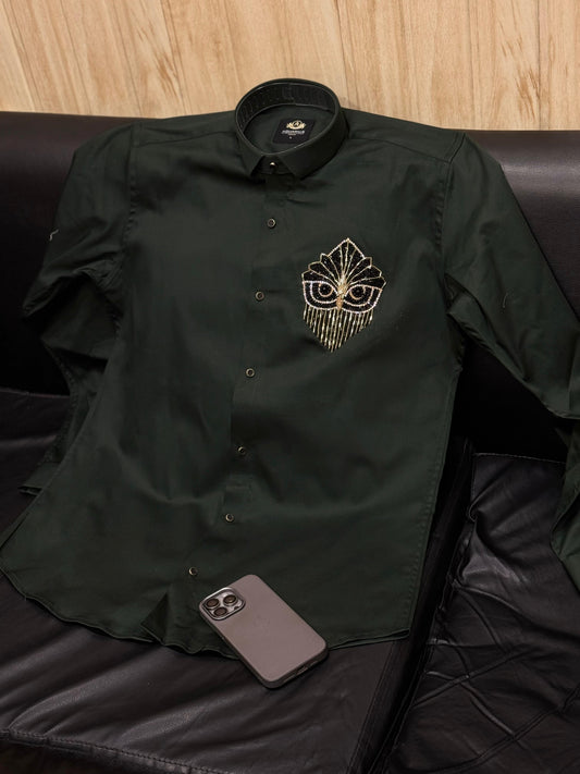 AQUARIUS  Green Colour Owl Black Gold Stud Design Premium Quality Full sleeve Shirt 2510