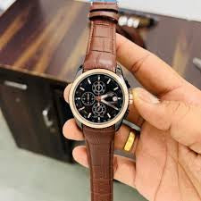 Sit Luxurious Brown Strap Copper Ring Black Dial Chronograph Strap Watch For Men 401514