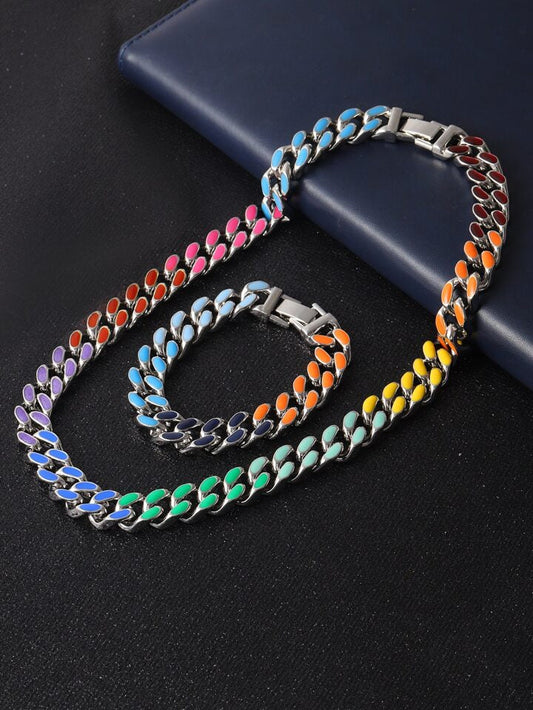 Silver Multi Colour Heavy Quality Unisex Neck Cuban Chain 85953