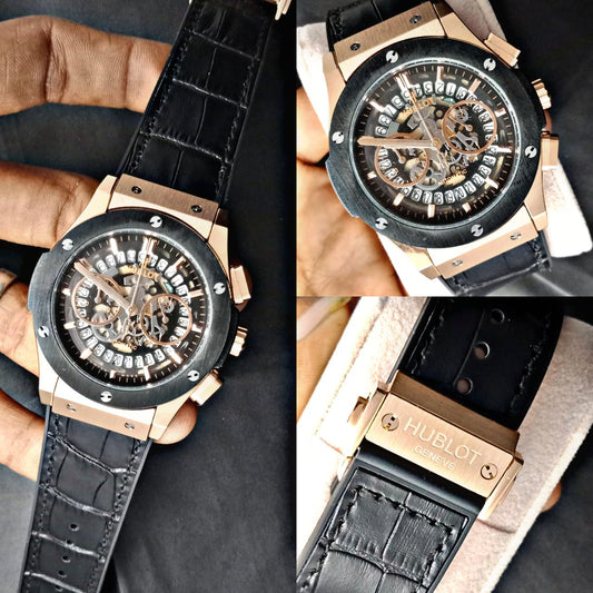 Buh Black Leather Strap Black Dial Men Watch 901256
