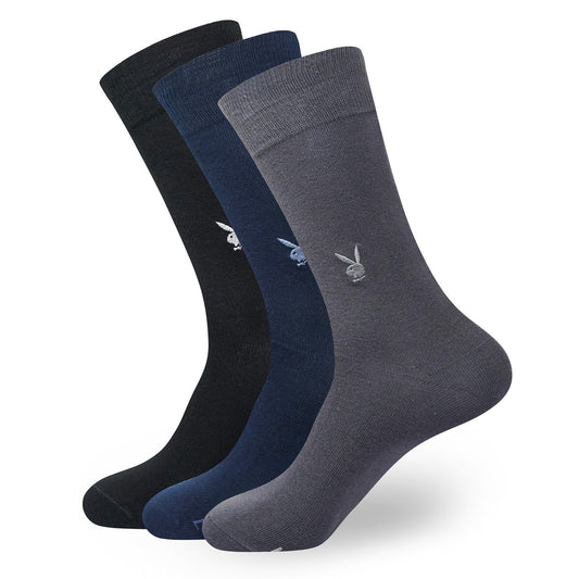 BALENZIA MEN'S PLAYBOY SOLID CREW SOCKS WITH MOTIF | 3-PACK | FREE SIZE