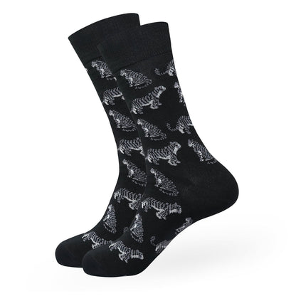 BALENZIA MEN'S WWF-INDIA BLACK FORMAL CREW SOCKS | 3-PACK | TIGER PRINT & EMBROIDERY | FREE SIZE