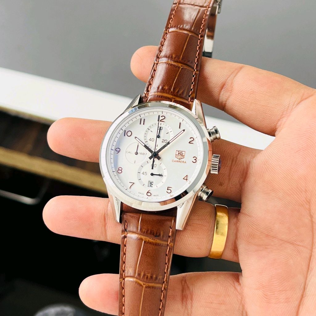 Gat Brown Strap Silver Ring White Dial Chrono Working Men’s Watch 401173