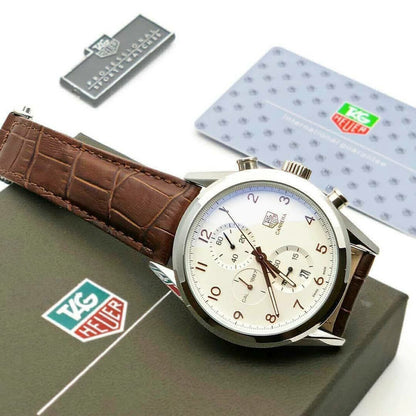 Gat Brown Strap Silver Ring White Dial Chrono Working Men’s Watch 401173