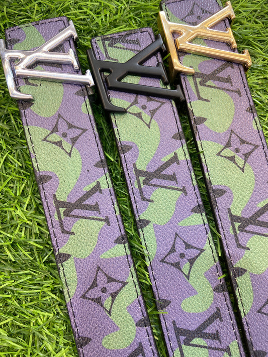 Vl UOL Purple Green Colour Monogram Print Premium Quality Metal Buckle Men’s Belt 112301