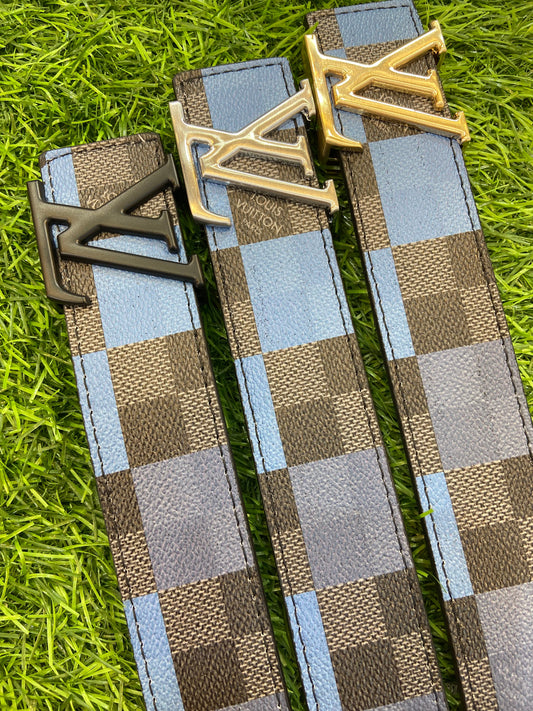 Vl UOL Black Blue Colour Check Print Premium Quality Metal Buckle Men’s Belt 112302