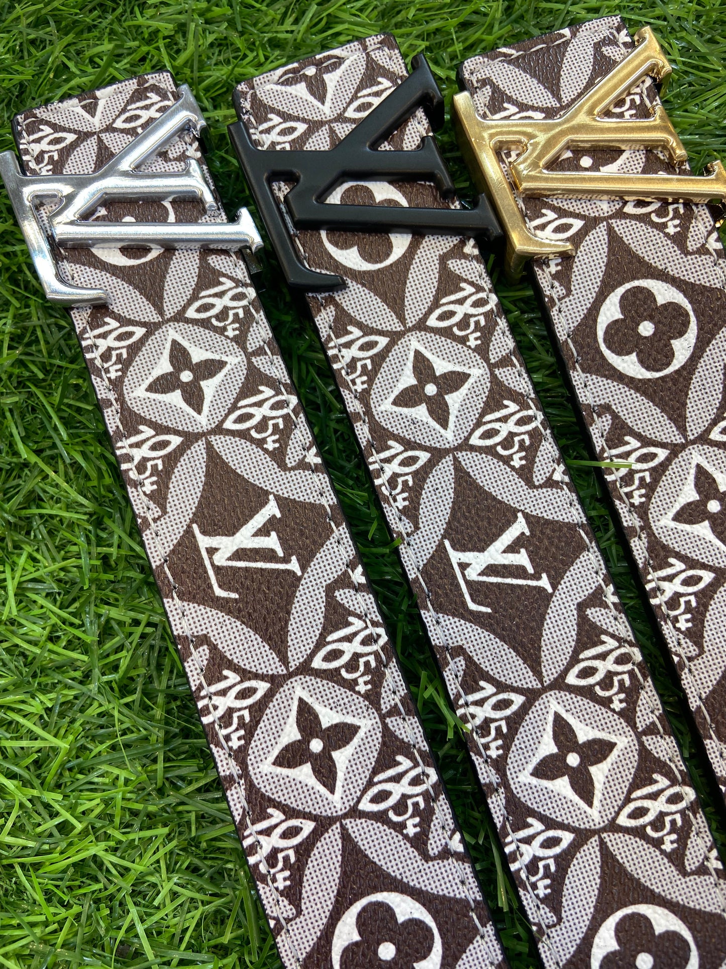 Vl UOL Brown White Colour Monogram Print Premium Quality Metal Buckle Men’s Belt 112306