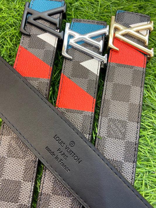 Vl UOL Black Grey Colour Check Print Premium Quality Metal Buckle Men’s Belt 114564