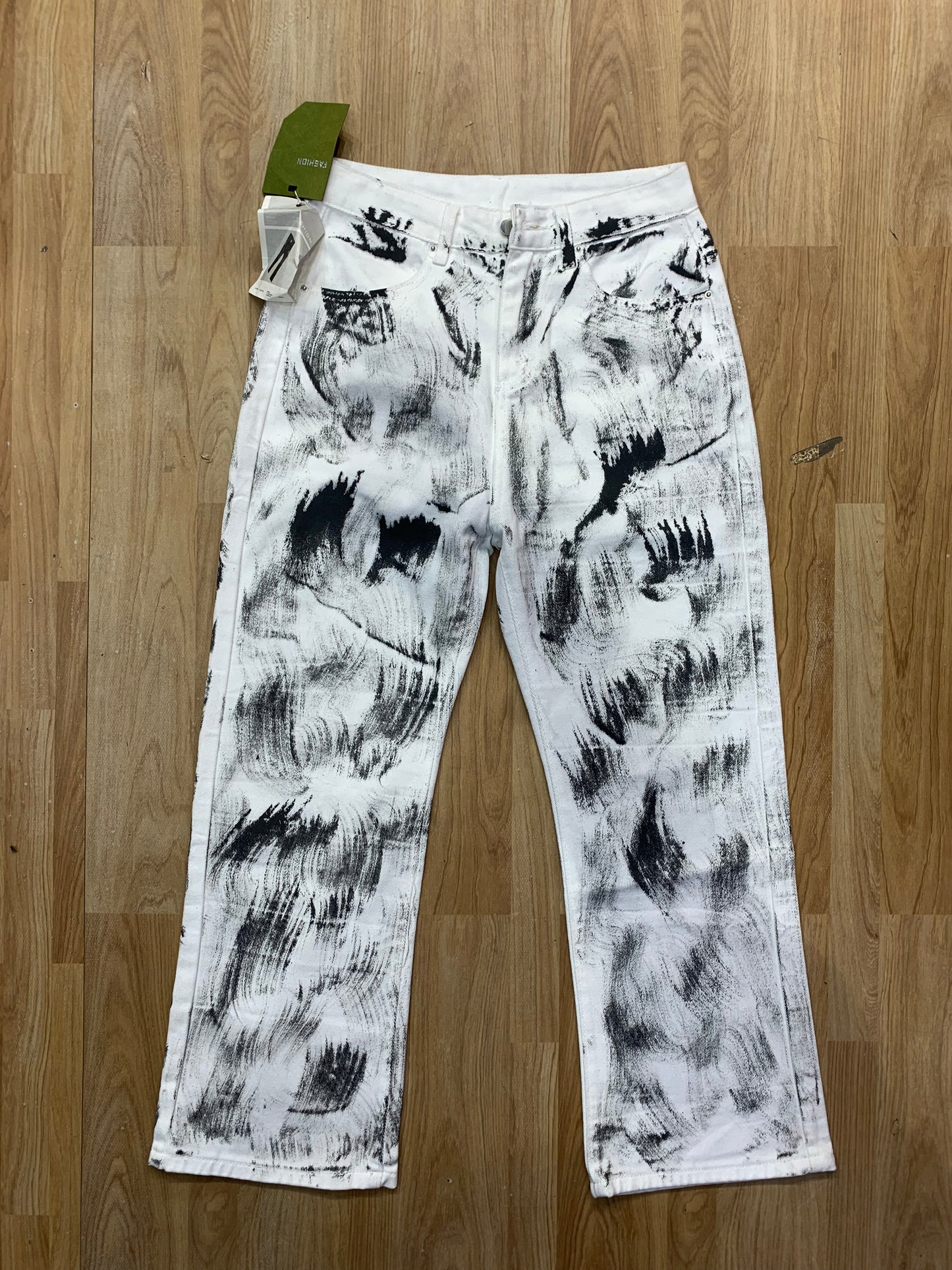 White Denim White Black Colour Zebra Paint Design Print Straight Fit jeans 7338