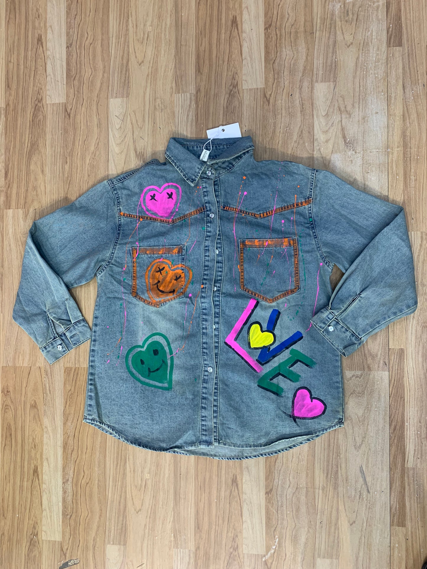 Denim shirt painted heart love multi colour 3322