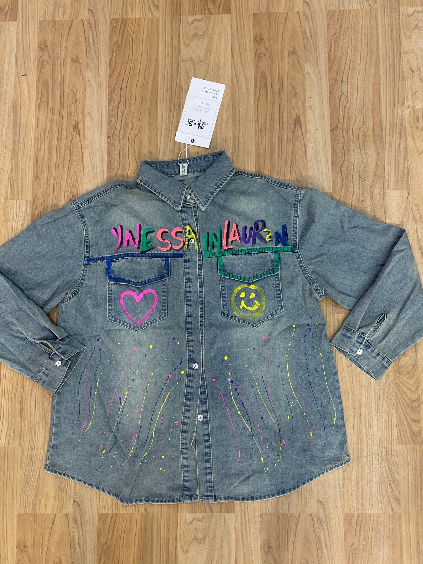 Denim shirt multi colour heart smile green pink blue yellow 3321