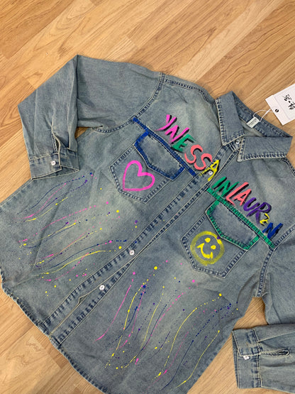 Denim shirt multi colour heart smile green pink blue yellow 3321