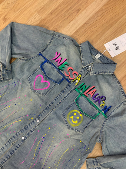 Denim shirt multi colour heart smile green pink blue yellow 3321